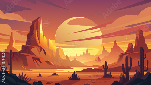 Sunset Desert Landscape Illustrations – Cactus, Canyon & Western Scenery