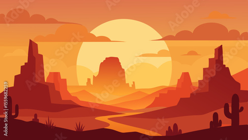 Sunset Desert Landscape Illustrations – Cactus, Canyon & Western Scenery