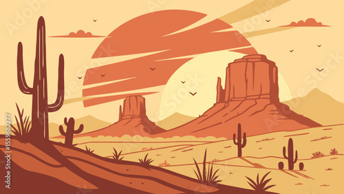 Sunset Desert Landscape Illustrations – Cactus, Canyon & Western Scenery