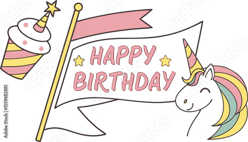 Whimsical illustration of a happy unicorn and a festive cupcake with a birthday banner proclaiming happy birthday in pastel colors