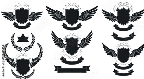 Classic heraldic shields with wings vector illustration for logo design, print, or poster
