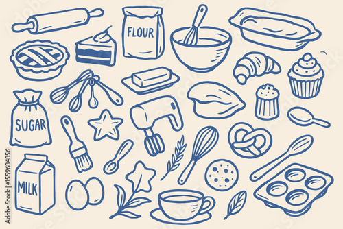 Collection of bakery and cooking doodles featuring essential ingredients and equipment illustrations line art