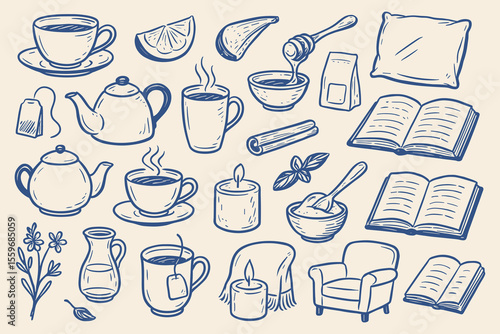 Collection of cozy hygge lifestyle objects with tea cups, books, armchair and candles for relaxation