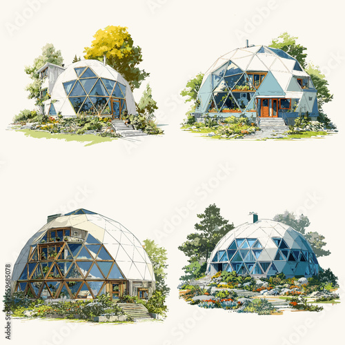 Eco-friendly geodesic dome homes with modern triangular glass patterns, surrounded by nature and garden spaces, illustrated in a sustainable architectural style.


