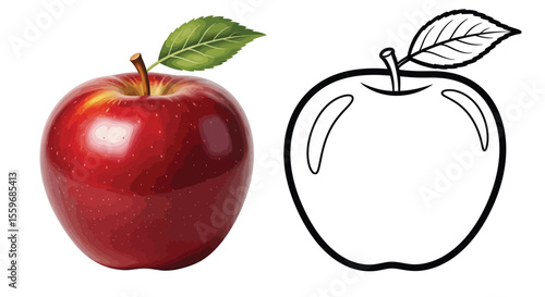 Apple Coloring Page with Full Color and Outline Fruit Art Educational Kids Activity