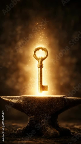 Glowing antique key on anvil emits enchanting light, symbolizing mystery and discovery in a dark setting.