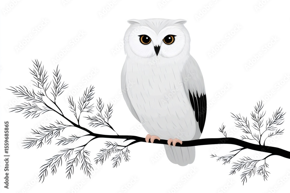 Fototapeta premium Snowy owl perched on a tree branch looking intensely