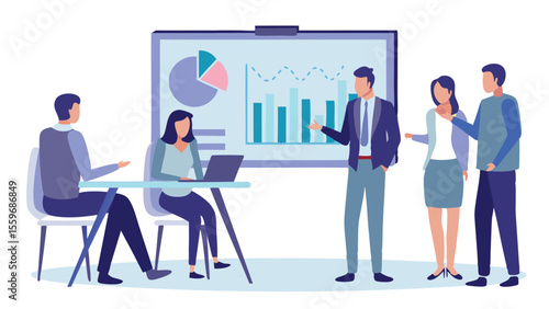 Business meeting with presentation of charts and graphs in a modern office setting scenario depicted here