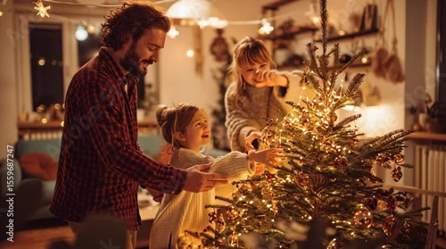 A happy family decorates a glowing Christmas tree together in a cozy living room. A joyful and festive scene celebrating holiday traditions, love, and togetherness.

