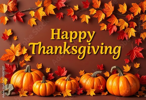 Happy Thanksgiving banner with autumn leaves, pumpkins, and festive design,  friends,  cornucopia