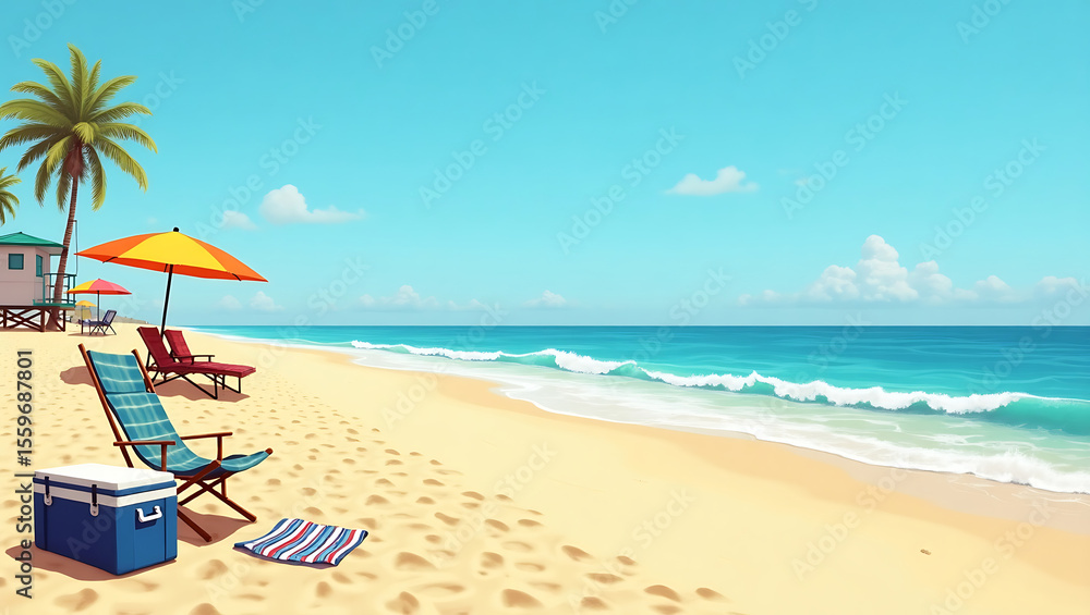 Obraz premium A sunny beach scene with palm trees, lounge chairs, umbrella, cooler and a towel near the ocean.