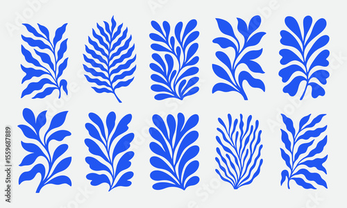 Matisse Inspired Blue Botanical Leaf Silhouettes Modern Abstract Collection