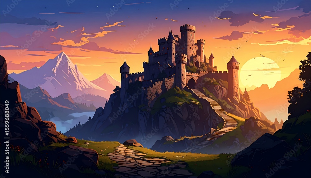 Fototapeta premium Majestic Castle Sunset: A Fairytale Landscape