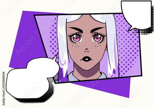 Colorful vector illustration in modern pop art anime style. Features a girl with white hair, pink eyes, and brown skin, with a vibrant purple halftone background and empty comic speech bubbles.