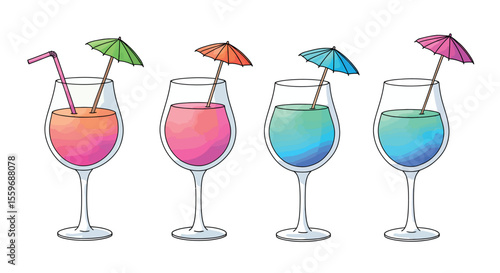 Vibrant summer cocktails with umbrellas vector illustration for tropical party design