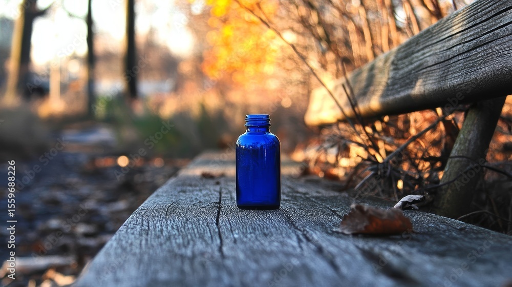 Obraz premium Blue Glass Bottle on Rustic Wooden Bench in Autumn Park Setting
