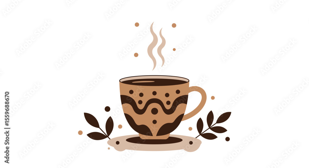 Obraz premium Flat style vector illustration of coffee cup with decorative leaves - design for print and posters