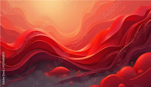 Red abstract background with flowing wave shapes and fiery design elements