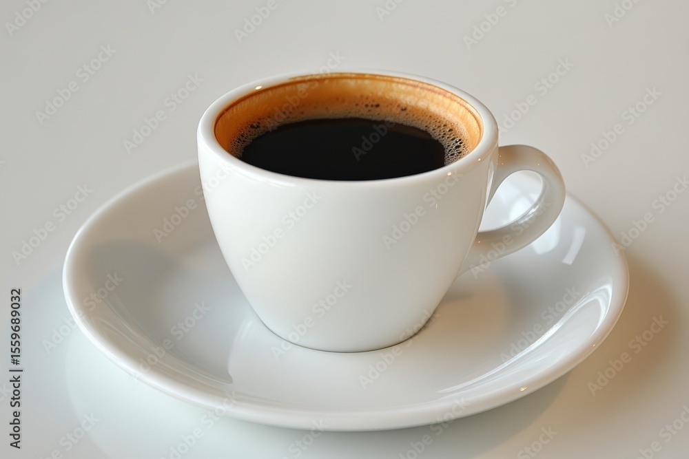 Obraz premium Aromatic Espresso Coffee in White Cup and Saucer on Table
