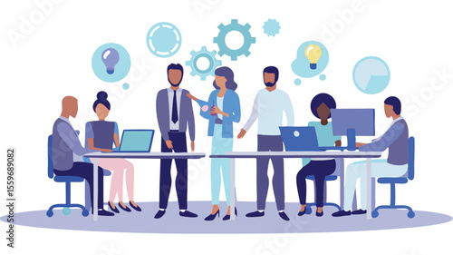 Illustration of a business meeting with people sitting and standing around a table with laptops