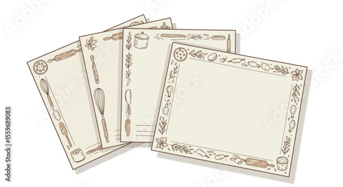 Rustic kitchen utensils and ingredients vector illustration for recipe card design in hand drawn style