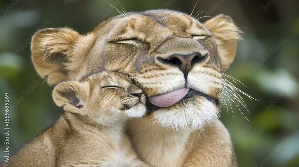 Naklejka premium Tender Moment: Lioness Licking Cub with Eyes Closed in Affectionate Embrace