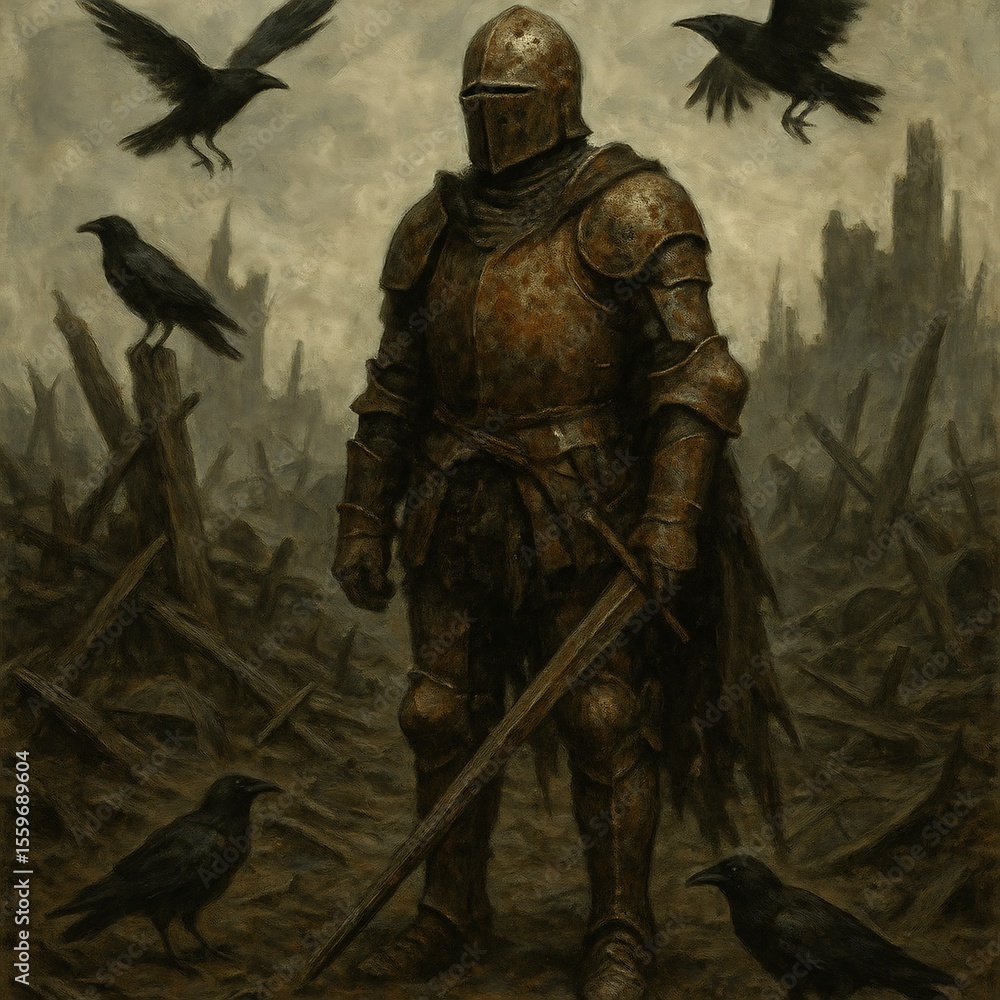 Fototapeta premium Medieval Knight in Rusted Armor Standing Amidst Battlefield Ruins and Crows