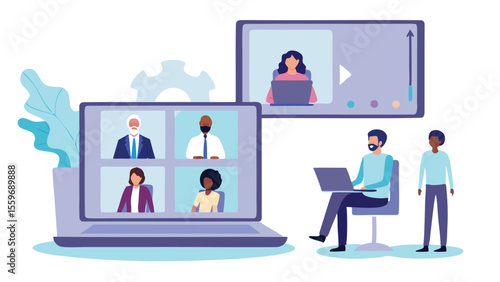 Illustration of a virtual meeting with four participants and two people working nearby on laptops