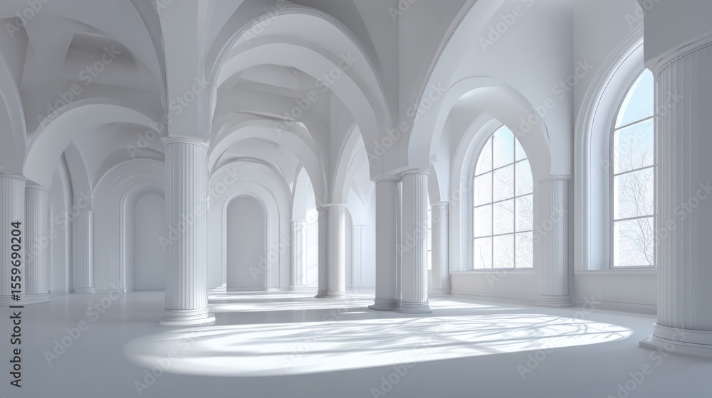 Naklejka premium Elegant Hallway of Light: A bright and airy architectural interior showcasing an expansive arched hallway with sunlight streaming in, capturing the essence of serenity and spaciousness.
