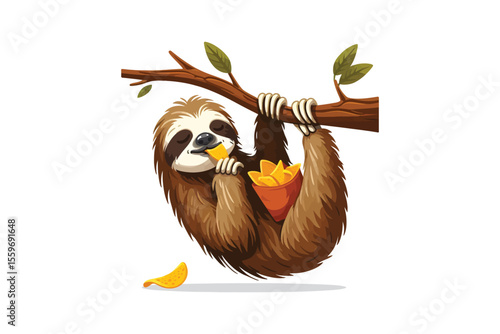A sloth hanging from a branch, lazily eating chips, flat vector art on a white backdrop