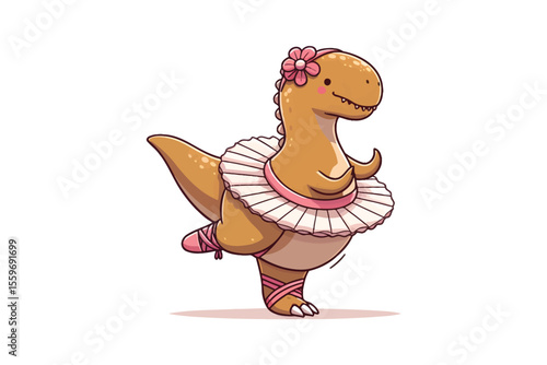 A dinosaur wearing a tutu, and attempting ballet, flat color vector, white background.
