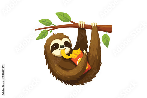 A sloth hanging from a branch, lazily eating chips, flat vector art on a white backdrop