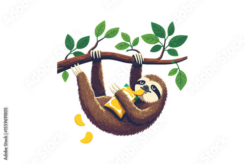 A sloth hanging from a branch, lazily eating chips, flat vector art on a white backdrop