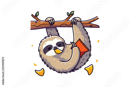 A sloth hanging from a branch, lazily eating chips, flat vector art on a white backdrop