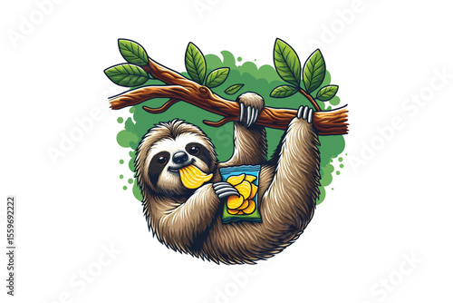 A sloth hanging from a branch, lazily eating chips, flat vector art on a white backdrop