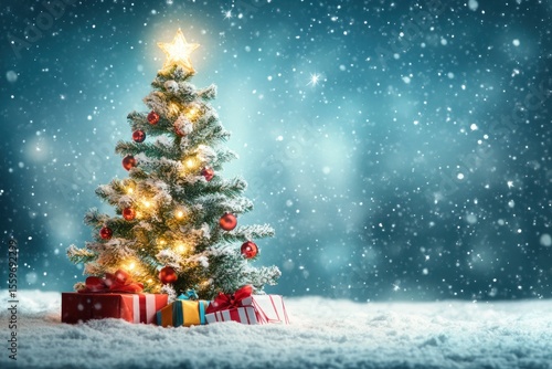 Snowy holiday scene with glowing Christmas tree and colorful gifts under it, poster design