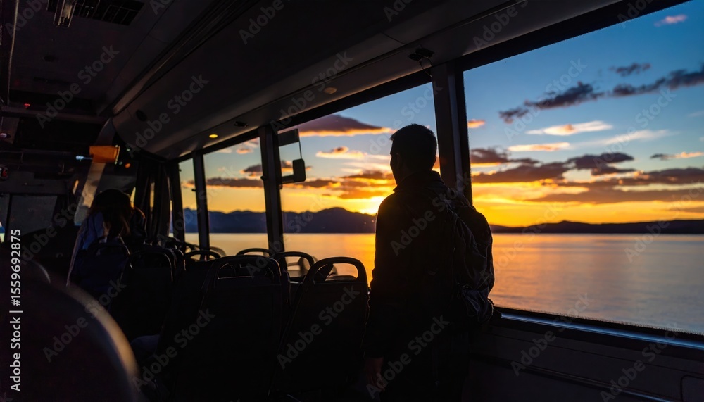 Fototapeta premium Silhouette of person on bus watching sunset over lake