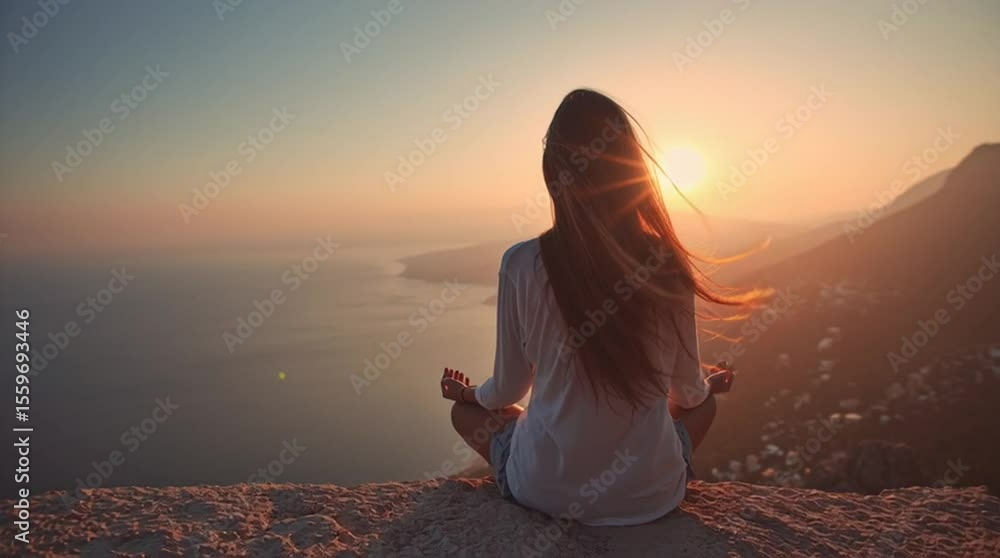 A peaceful woman meditates on a cliff's edge, silhouetted against a beautiful summer sunrise. A serene concept of mindfulness, wellness, and finding balance in nature.
A peaceful woman meditates on a cliff's edge, silhouetted against a beautiful summer sunrise. A serene concept of mindfulness, wellness, and finding balance in nature.