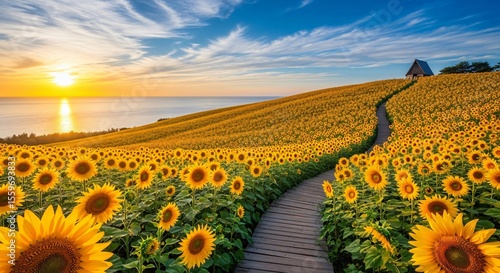 A sunflower field with a wooden path leading to a small house on a hill at sunset near the ocean