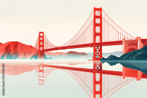 Vibrant Bridge, Calm Reflection: A Graphic Illustration of the Golden Gate Bridge's Beauty