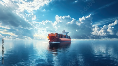 Cargo Container Ship at Sea Under Dramatic Sky, Logistics and Global Trade