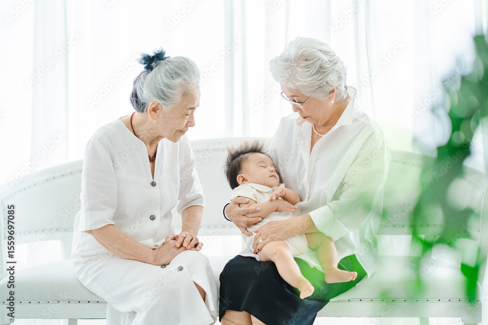 Obraz premium 赤ちゃんを抱っこするシニア女性たち