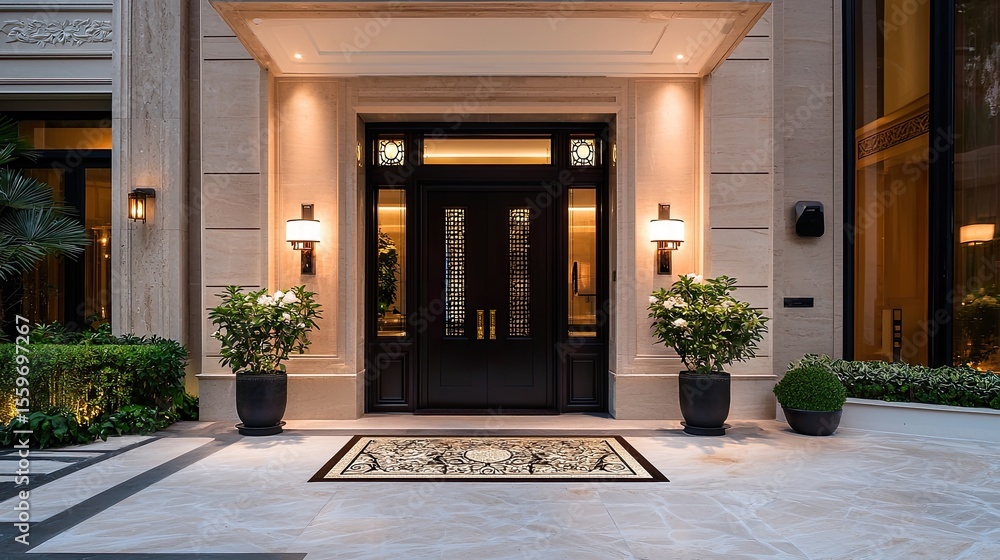 Fototapeta premium Elegant Entrance with Potted Plants and Warm Lighting