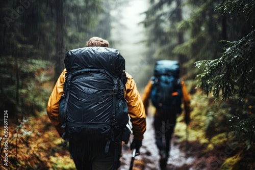 Wallpaper Mural Hikers with Backpacks Trekking in Rainy Forest Nature Scene Torontodigital.ca