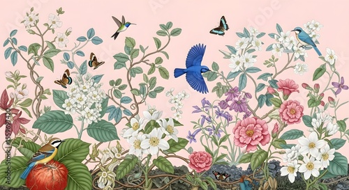 Vintage floral garden with birds and butterflies botanical illustration wallpaper art print
