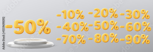3d yellow percentage discount numbers collection with white podium on gray dg - various sale rates from 10 to 90 off for promotional banners, marketing campaigns and retail advertising designs.