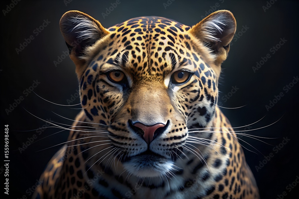Naklejka premium A powerful jaguar stares intensely at the camera in a dramatic closeup portrait