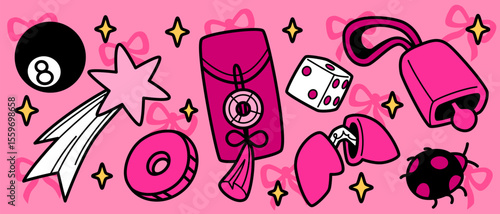 Vibrant lucky doodle symbols on pink - ladybug and bell, coin and envelope with charm, shooting star, fortune cookie and eight ball. Colorful good luck icons for positive vibes, superstition themes.