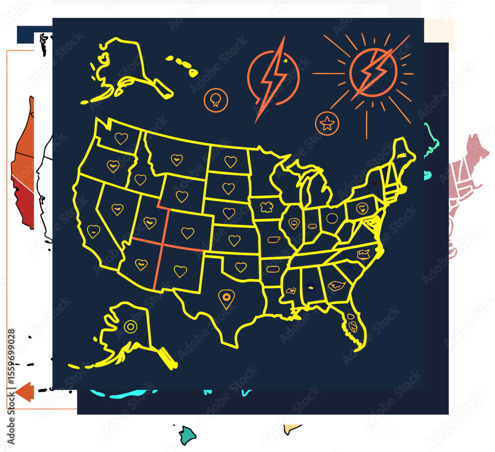 Obraz premium United States Map Highlighting Kentucky with Infographic Icons – Editable Vector Set, Vector illustration of the USA map featuring Kentucky in focus with infographic-style icons for data, stats, and v