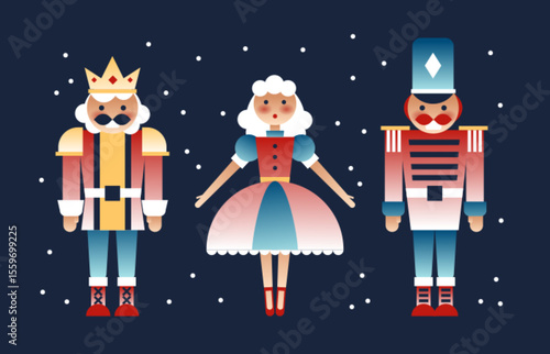 Colorful nutcracker soldier, ballerina and king on dark blue background with snowflakes - festive Christmas characters wearing traditional uniforms, crown and tall hats. Holiday wooden fairy tale toy